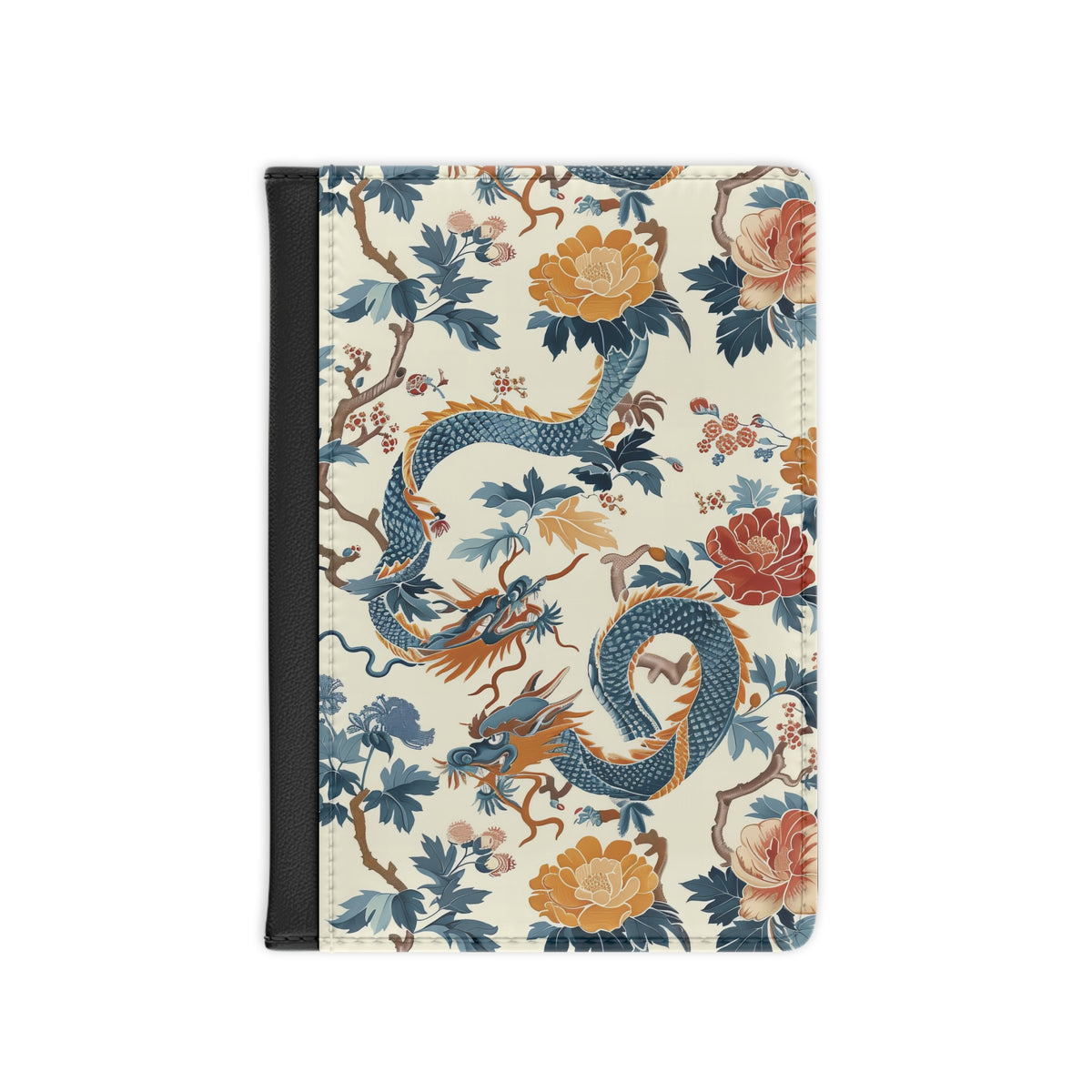 Chinoiserie dragon passport cover with blue dragons and peonies on cream