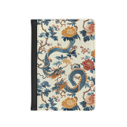 Chinoiserie dragon passport cover with blue dragons and peonies on cream