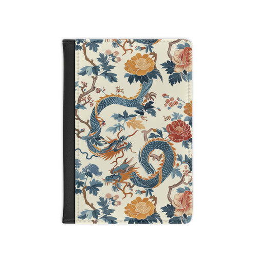 Chinoiserie dragon passport cover with blue dragons and peonies on cream