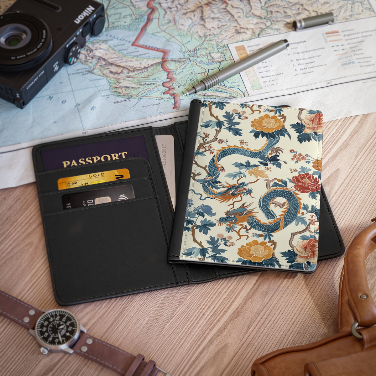 Chinoiserie dragon passport cover open showing card slots