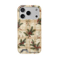 Christmas pine plaid phone case with card holder, pine sprigs and red berries