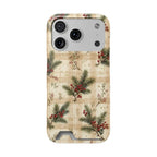 Christmas pine plaid phone case with card holder, pine sprigs and red berries