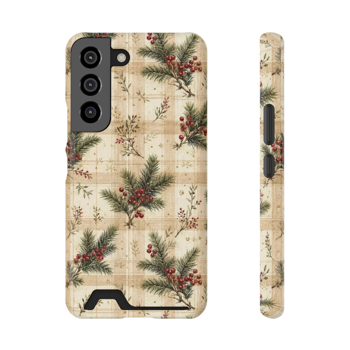 Christmas pine plaid card holder phone case, back view
