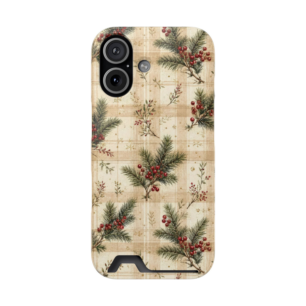 Cream and beige plaid phone case with pine and red berries