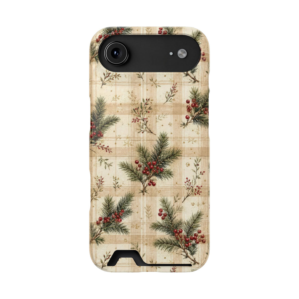 Christmas pine plaid phone case with card slot, alternate view