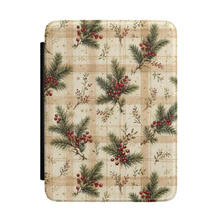 Christmas pine plaid Kindle case with pine sprigs and red berries