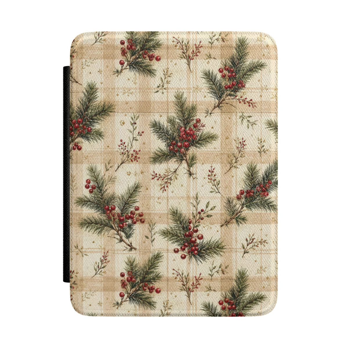 Christmas pine plaid Kindle case with pine sprigs and red berries
