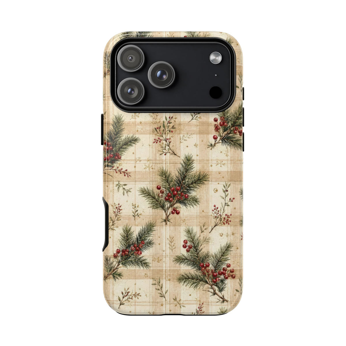 Christmas pine plaid tough phone case with pine sprigs and red berries