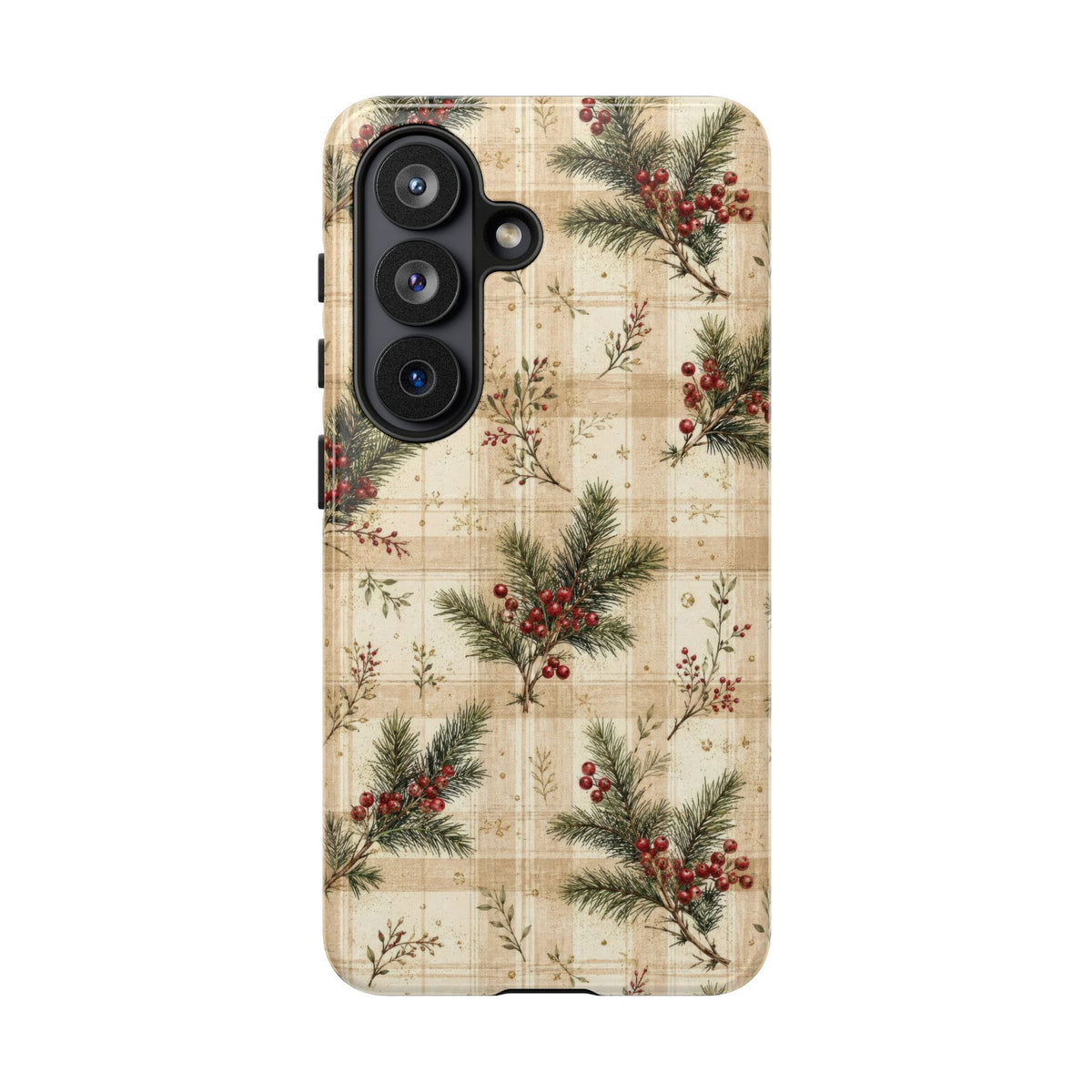 Christmas pine plaid tough phone case, back view