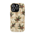 Cream and beige plaid tough case with pine and red berries
