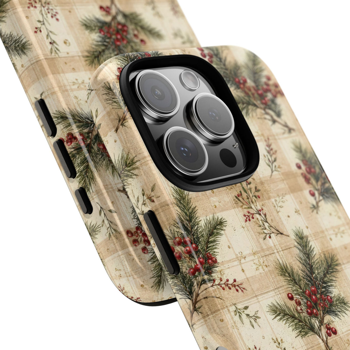Christmas pine plaid tough phone case, side view