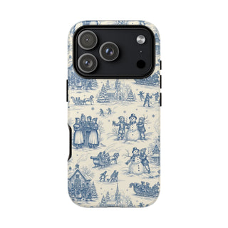 Christmas toile tough phone case in blue and cream