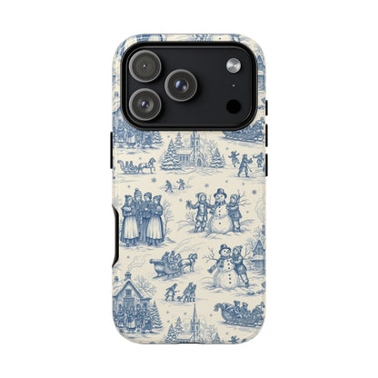 Christmas toile tough phone case in blue and cream