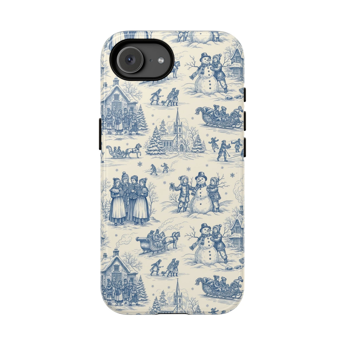 Vintage Christmas toile print phone case in cornflower blue