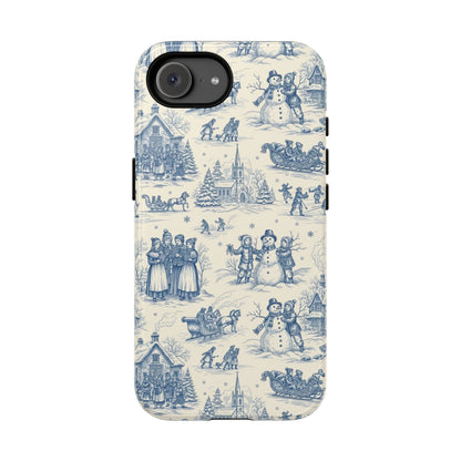 Vintage Christmas toile print phone case in cornflower blue