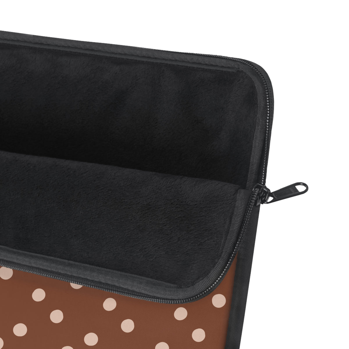 Cinnamon polka dot laptop sleeve, detail view