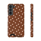 Cinnamon polka dot phone case with card holder, back view