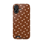 Cinnamon polka dot phone case with card holder, side view