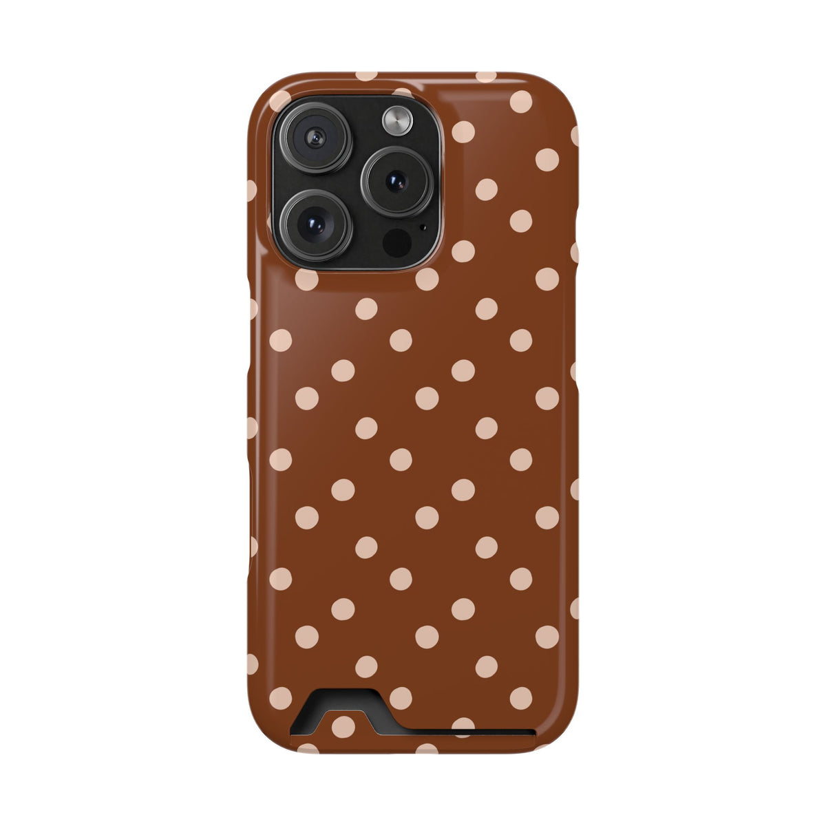 Cinnamon polka dot phone case with card holder, detail view