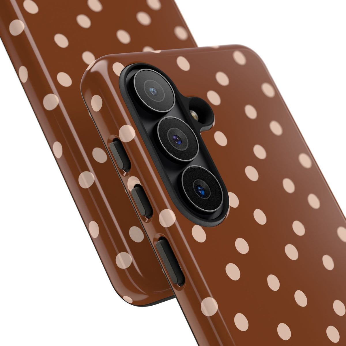 Cinnamon polka dot tough phone case, angled view