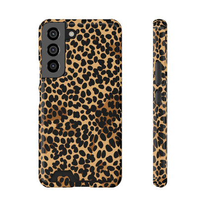 Classic cheetah print phone case with card holder, black spots on warm tan