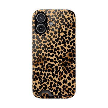 Classic cheetah print phone case with card holder, black spots on warm tan