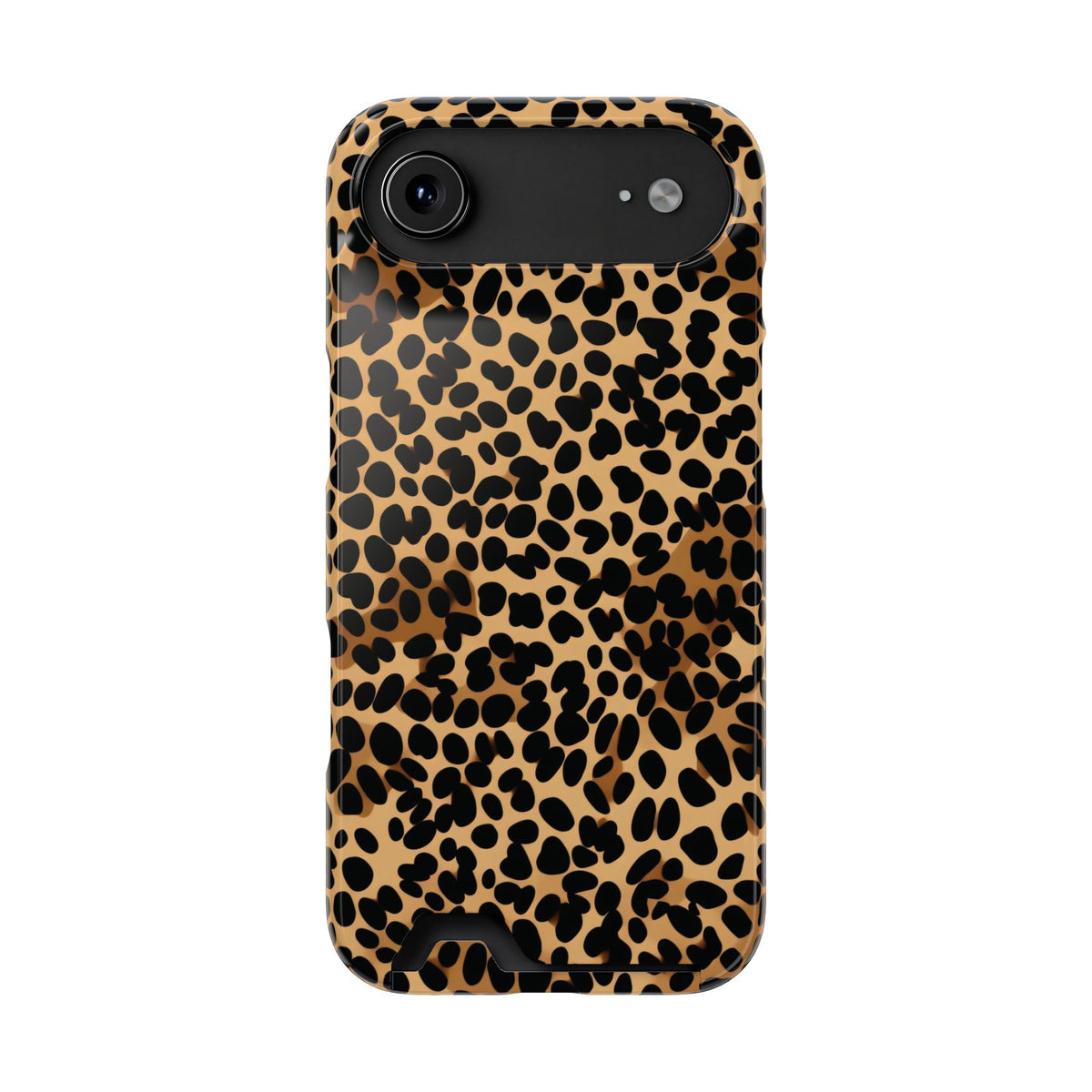Classic cheetah print phone case with card holder, black spots on warm tan