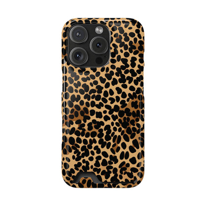 Classic cheetah print phone case with card holder, black spots on warm tan