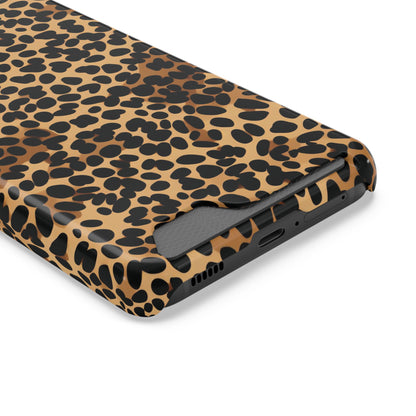 Classic cheetah print phone case with card holder, black spots on warm tan