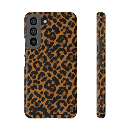 Classic leopard print phone case with card holder, black rosettes on caramel brown