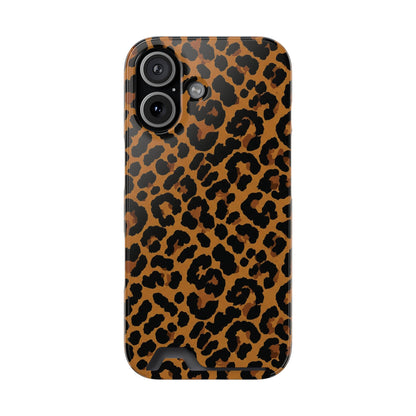 Classic leopard print phone case with card holder, black rosettes on caramel brown