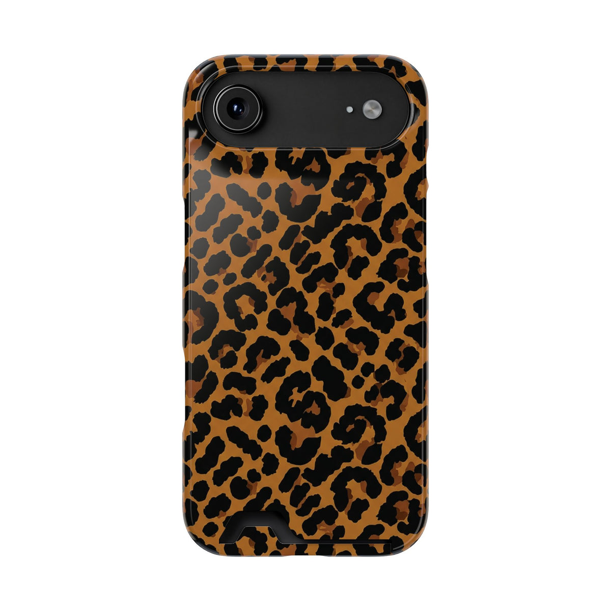 Classic leopard print phone case with card holder, black rosettes on caramel brown