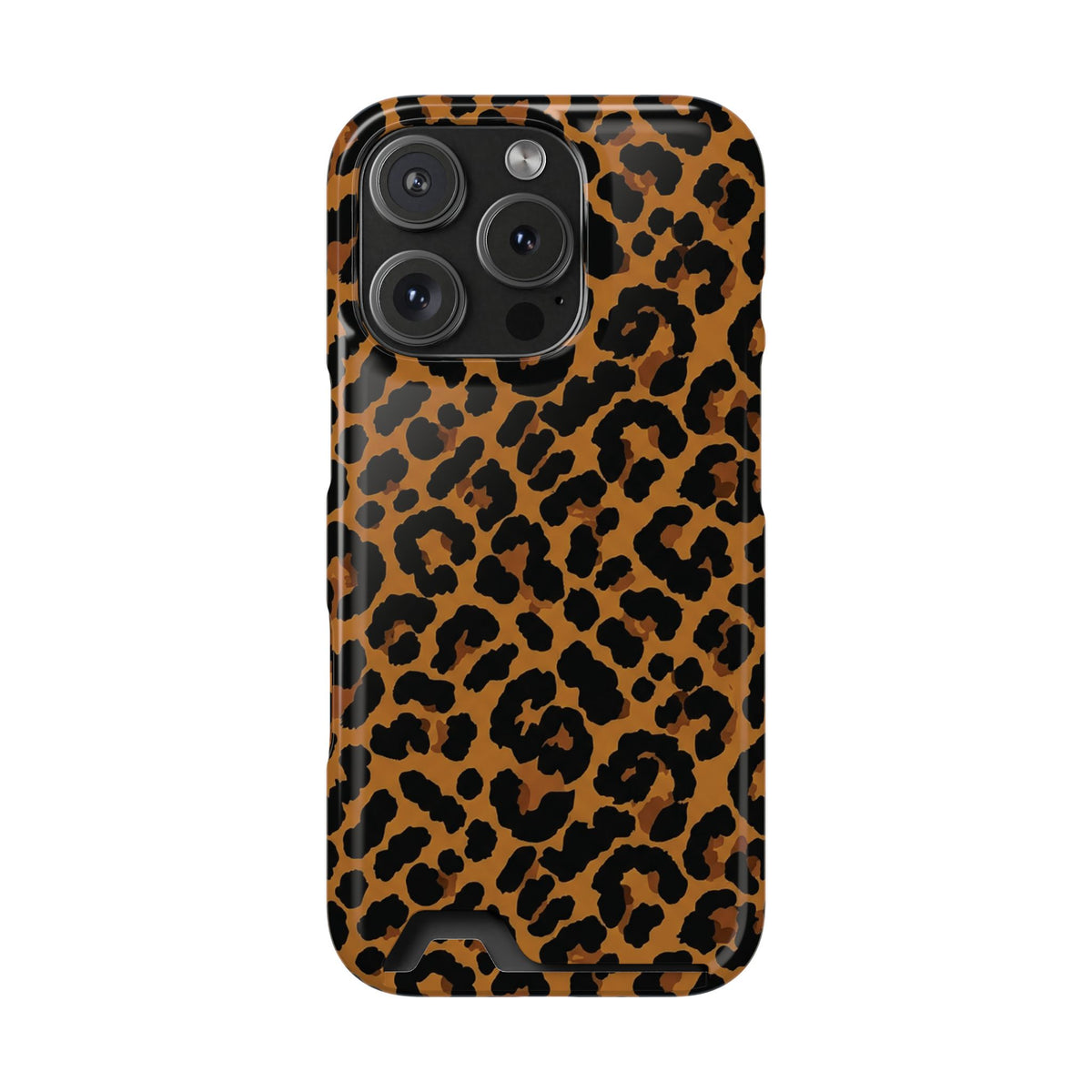 Classic leopard print phone case with card holder, black rosettes on caramel brown