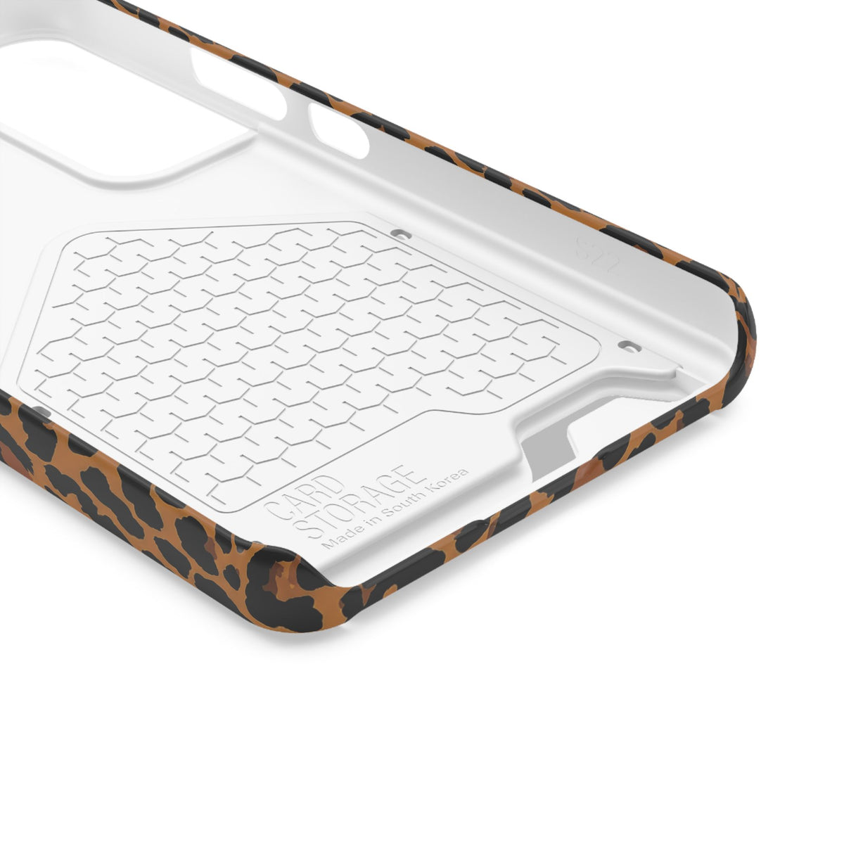 Classic leopard print phone case with card holder, black rosettes on caramel brown