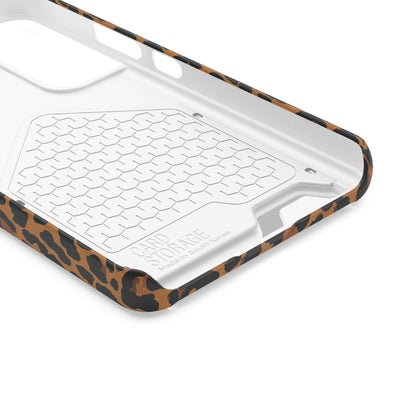 Classic leopard print phone case with card holder, black rosettes on caramel brown