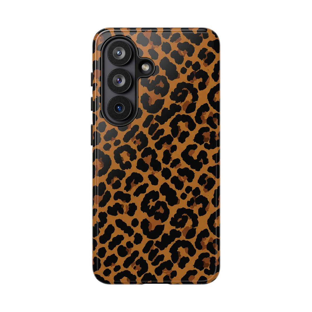 Classic leopard print tough phone case, black rosettes on caramel brown