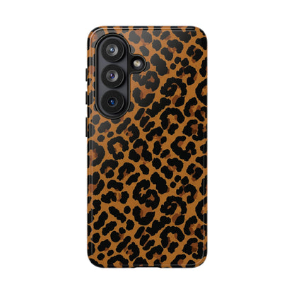 Classic leopard print tough phone case, black rosettes on caramel brown