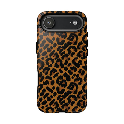 Classic leopard print tough phone case, black rosettes on caramel brown