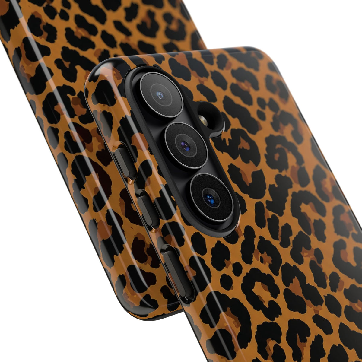 Classic leopard print tough phone case, black rosettes on caramel brown