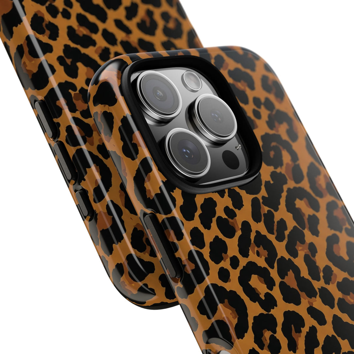 Classic leopard print tough phone case, black rosettes on caramel brown