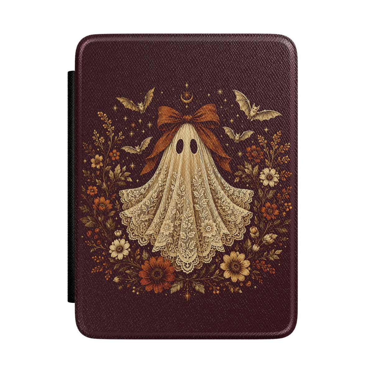 Coquette ghost Kindle case with a rust bow, bats and autumn flowers