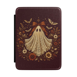 Coquette ghost Kindle case with a rust bow, bats and autumn flowers