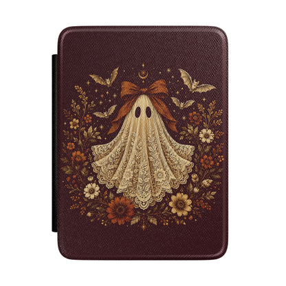 Coquette ghost Kindle case with a rust bow, bats and autumn flowers