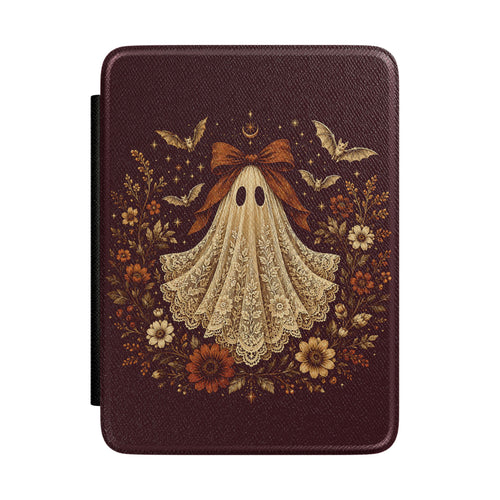 Coquette ghost Kindle case with a rust bow, bats and autumn flowers