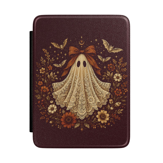 Coquette ghost Kindle case with a rust bow, bats and autumn flowers