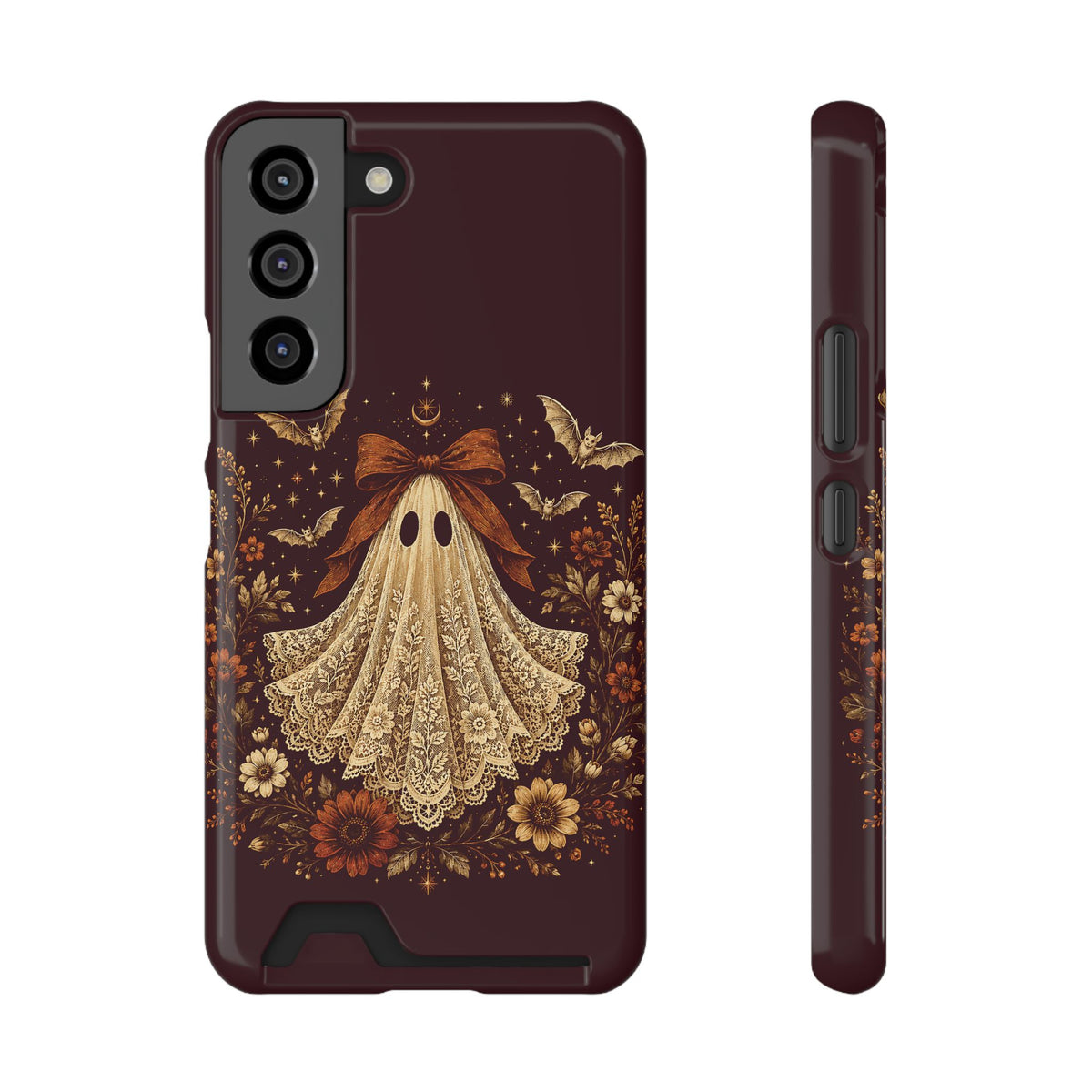Coquette ghost phone case with card holder, cream lace print ghost on burgundy