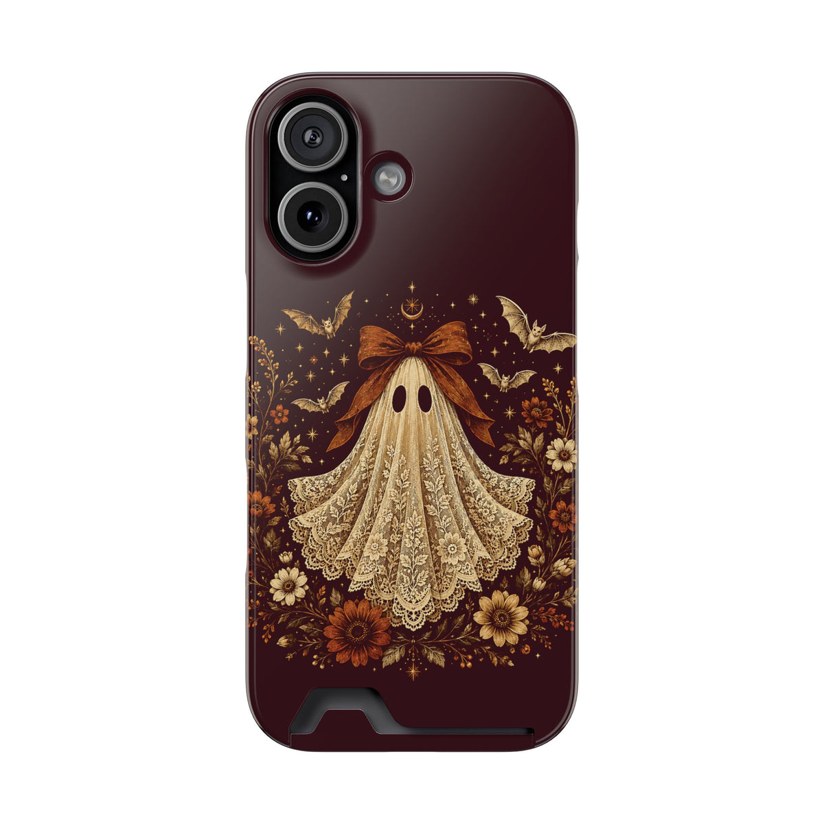 Coquette ghost phone case with card holder, cream lace print ghost on burgundy