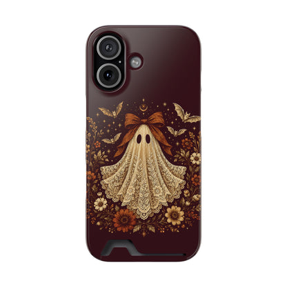 Coquette ghost phone case with card holder, cream lace print ghost on burgundy