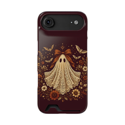 Coquette ghost phone case with card holder, cream lace print ghost on burgundy