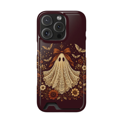 Coquette ghost phone case with card holder, cream lace print ghost on burgundy